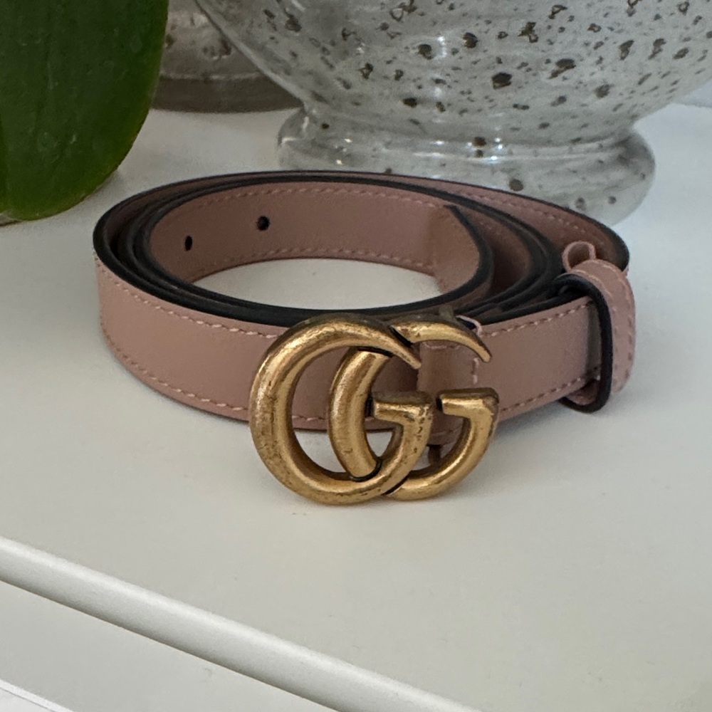 Gucci Blush Leather Belt with Gold GG Buckle